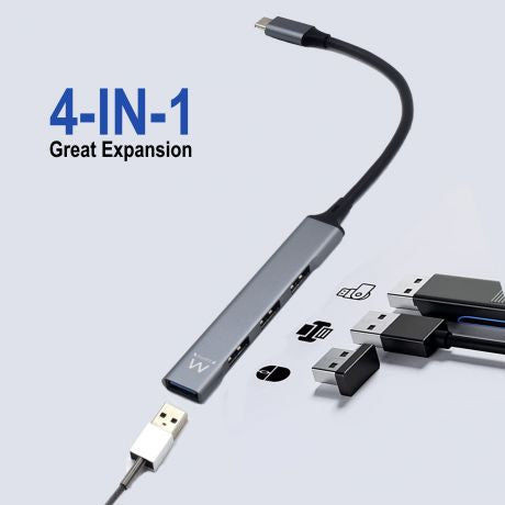 Ewent EW1145 USB-C hub, 4x USB ports, gray, with USB-C cable and various USB devices.