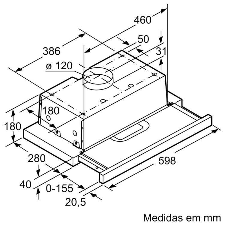 Exaustor de gaveta Bosch, dimensões em milímetros, medidas para instalação.