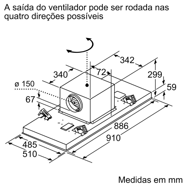 Exaustor de teto Bosch DRC99PS20, dimensões e ângulos de instalação.