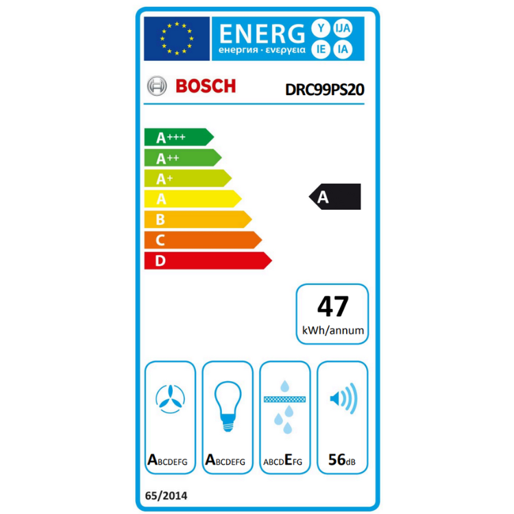 Etiqueta energética do exaustor de teto Bosch DRC99PS20, classe A, 47 kWh/ano, 56 dB.