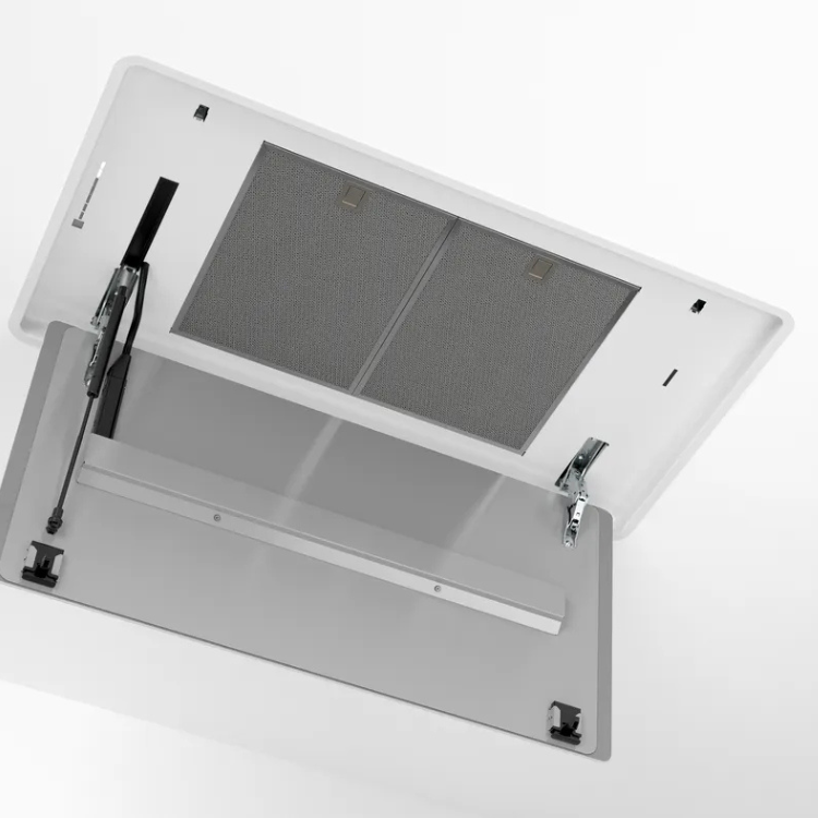 Exaustor de teto Bosch DRC99PS20, inox, aberto mostrando filtros.