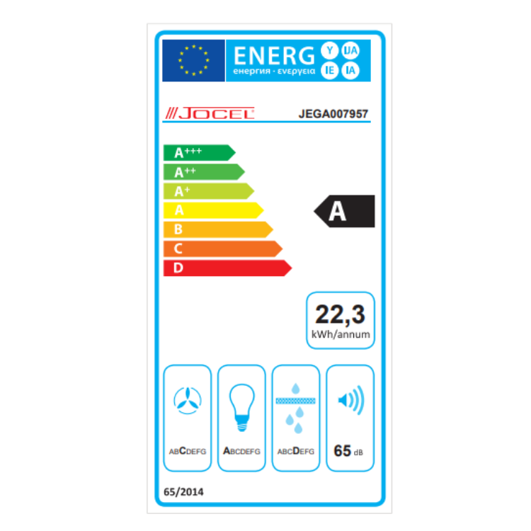 Jocel energy efficiency label, A rated, 22.3 kWh/annum, 65 dB.