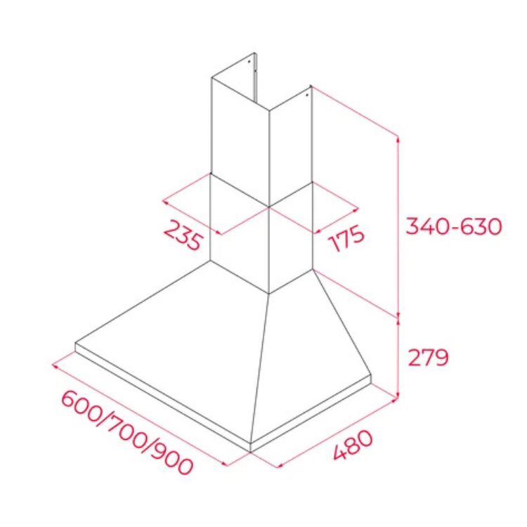 Exaustor de parede Teka DBB70, dimensões: 600/700/900x480x340-630mm.