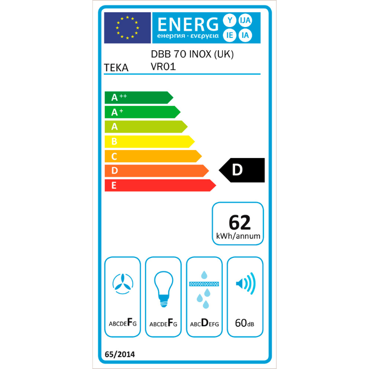 Etiqueta energética do exaustor Teka DBB 70 INOX, classe D, 62 kWh/ano, 60 dB.