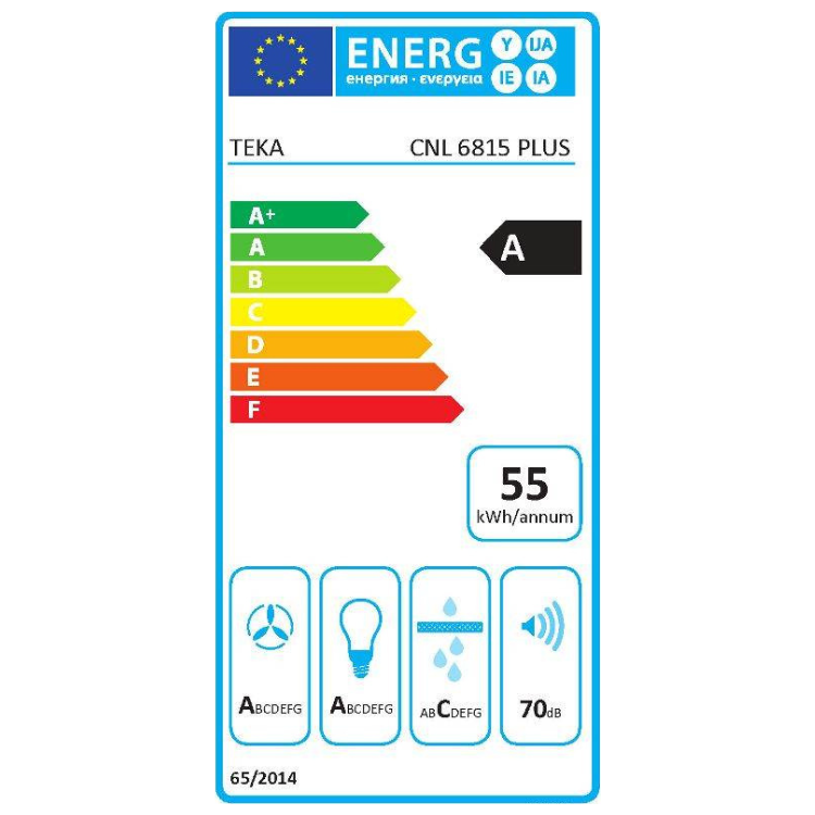 Etiqueta energética do exaustor Teka CNL 6815 Plus, classe A, 55 kWh/ano, 70 dB.