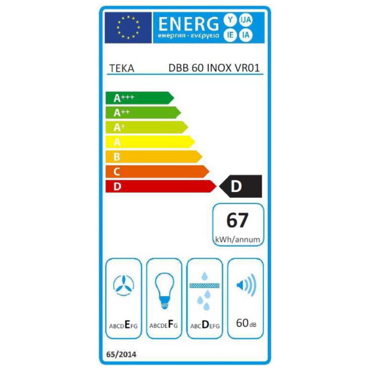 Etiqueta energética do exaustor Teka DBB 60 INOX VR01, eficiência A+++, consumo 67 kWh/ano, 60 dB.