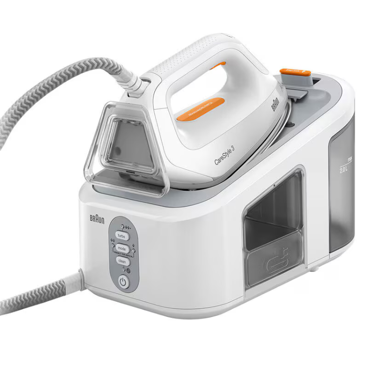 Braun CareStyle 3 ironing system, white, 2400W, with steam generator and control panel.
