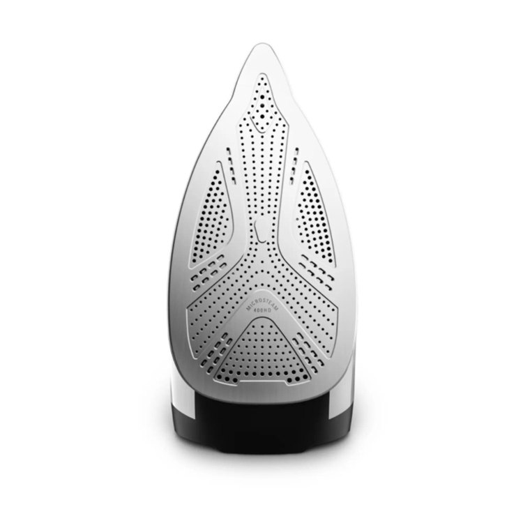 Rowenta Eco Steam Pro iron soleplate, silver and black, Microsteam holes.