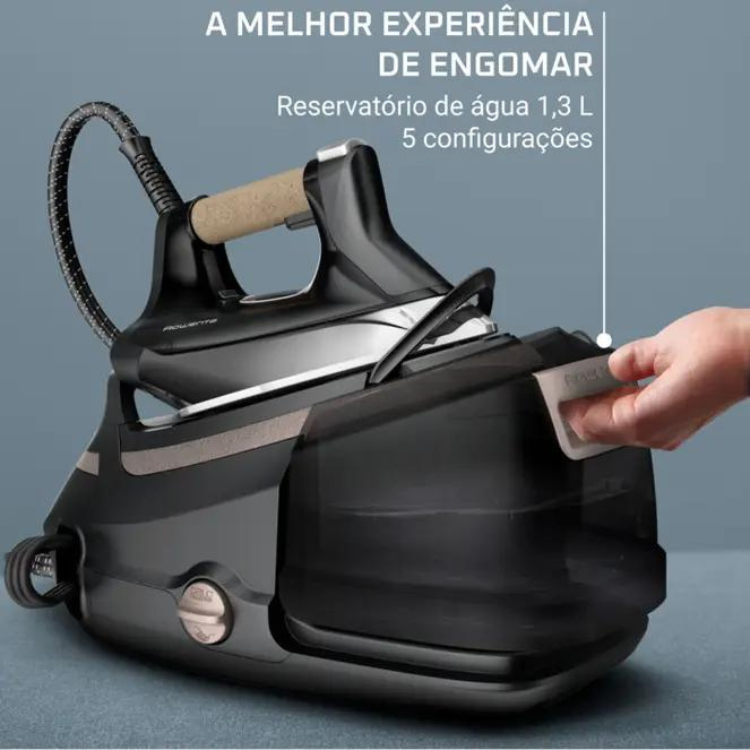 Black Rowenta iron with steam generator, 1.3L water tank, 5 settings, and beige handle.