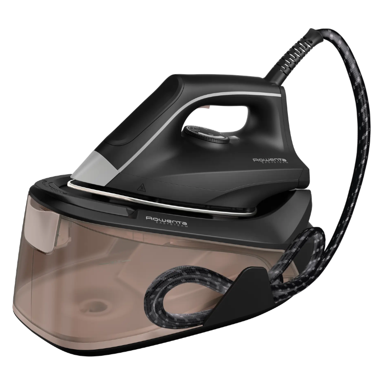 Black Rowenta iron with transparent brown water tank and black cord.