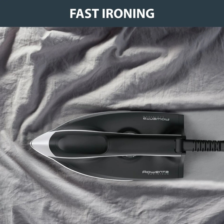 Black Rowenta iron on gray fabric, 2400W Easy Steam.