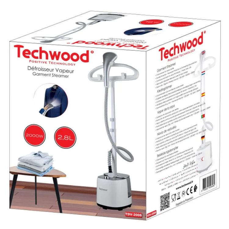 Techwood 2000W Garment Steamer, white and silver, product packaging.