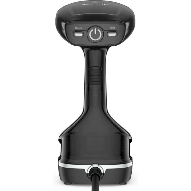 Black Rowenta vertical steam iron, 2000W, with power button and steam settings.