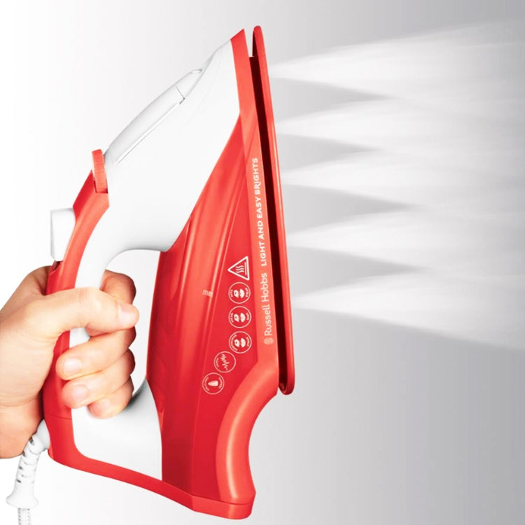 Red and white Russell Hobbs steam iron, 2400W, held by hand.