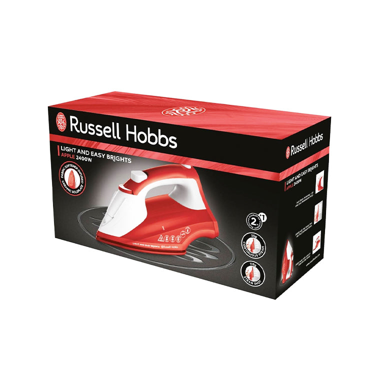 Red Russell Hobbs iron box with product image.