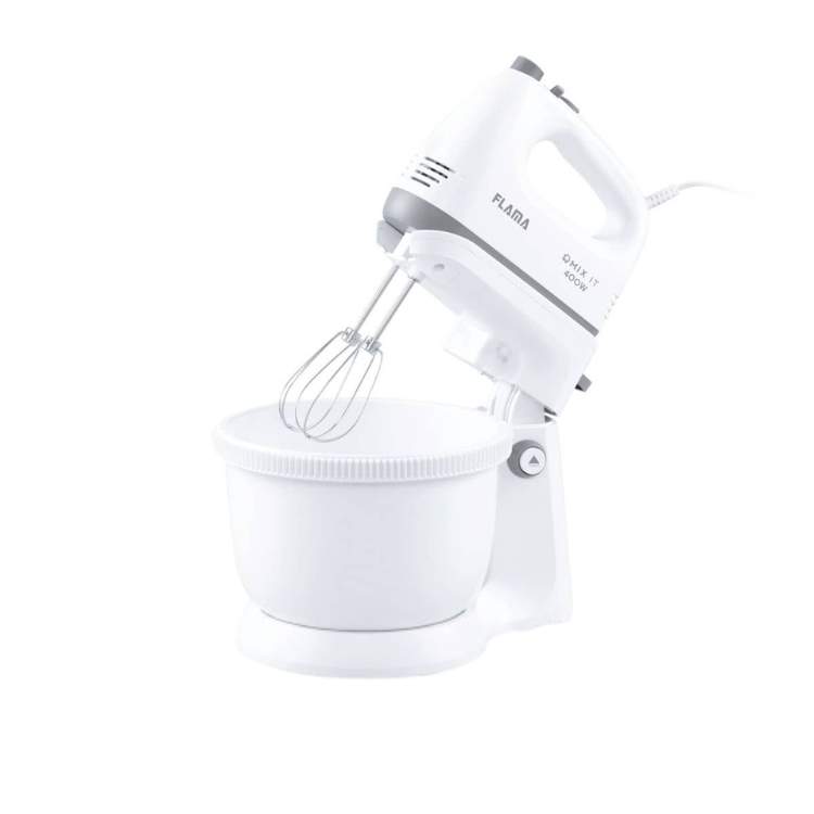 White Flama electric mixer with 3.4L bowl and whisk attachment.