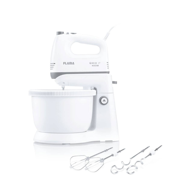 White Flama stand mixer with 3.4L bowl and attachments.