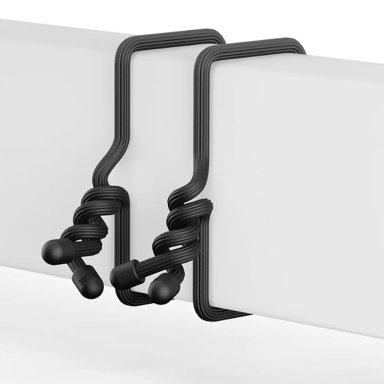 Flexible black GoPro mounts on white background.