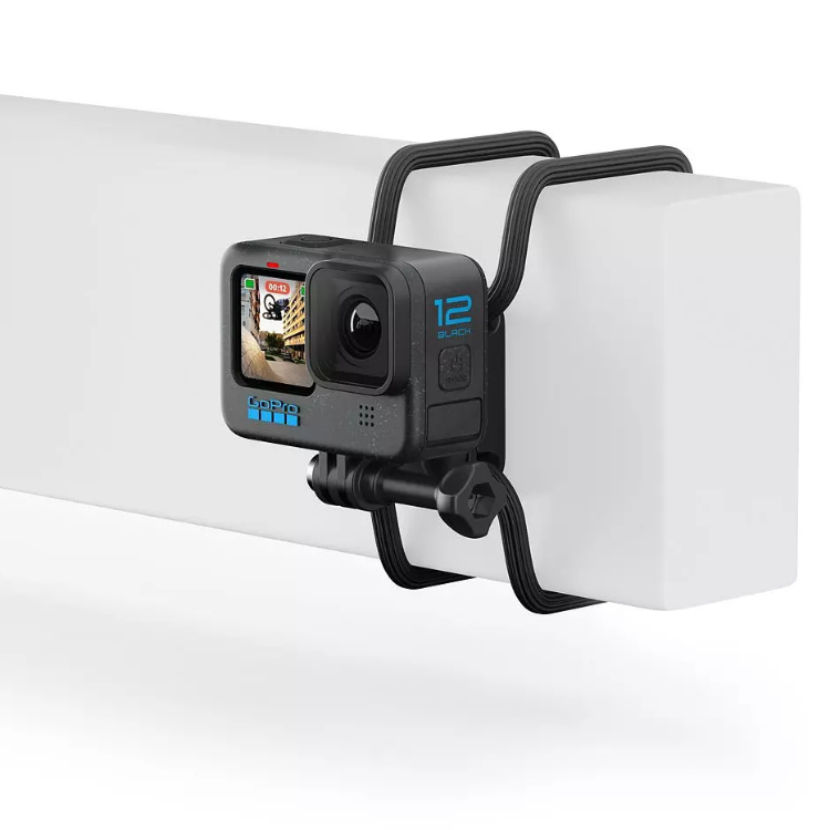 Black GoPro camera with blue text and screen attached to white object with flexible black mount.
