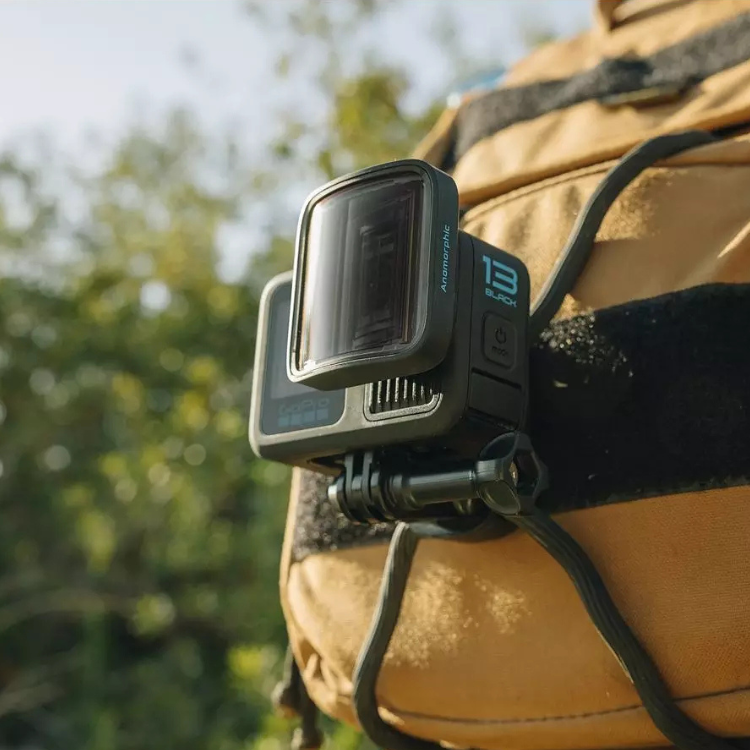 GoPro Hero 13 Black camera attached to tan backpack.