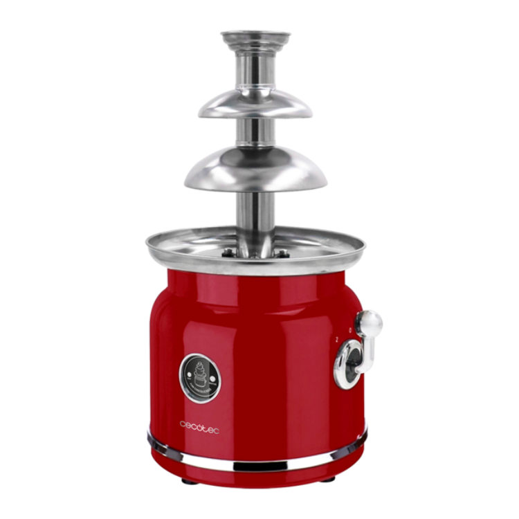 Red Cecotec chocolate fountain, shiny metal tiers, control knob.