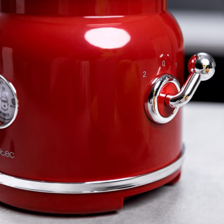 Red Cecotec Fun Chocolicious 90W chocolate fondue set with silver accents and knob.