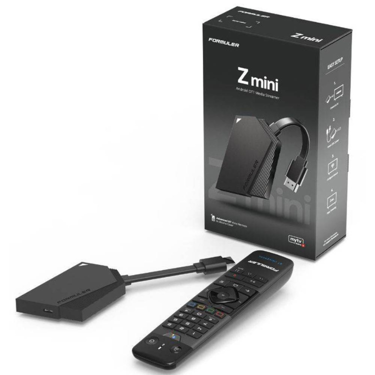 Formuler Z mini IPTV box, remote, and accessories, black.