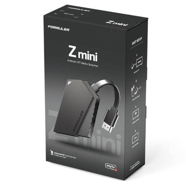 Black box Formuler Z mini Android OTT Media Streamer with USB cable, mytv online logo.