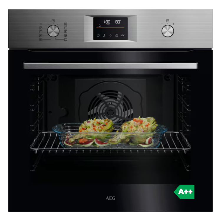 Forno AEG multifunções inox 72L A++ com tabuleiro e alimentos no interior.