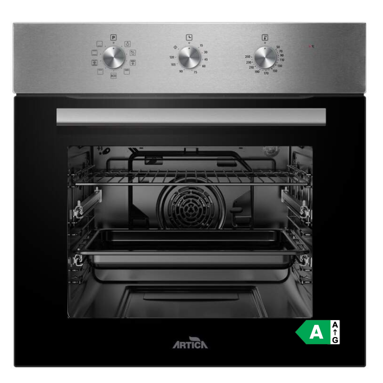 Forno de encastrar Artica AHB7004X, 70L, inox, com painel de comandos e porta aberta mostrando o interior.
