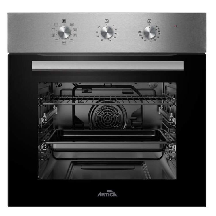 Forno de encastrar Artica AHB7004X, 70L, inox, com painel de comandos e porta aberta mostrando o interior.