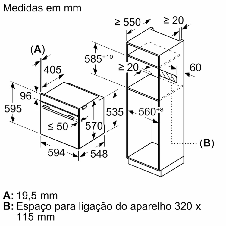Diagrama técnico do forno de encastre Bosch, com medidas em milímetros, mostrando dimensões do aparelho e espaço de instalação.