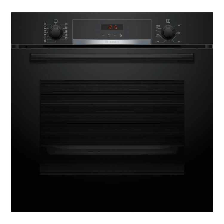 Forno Hidrolítico/Pirolítico de Encastre Bosch Serie 4 HBA574BB3 preto com painel digital e dois comandos giratórios.