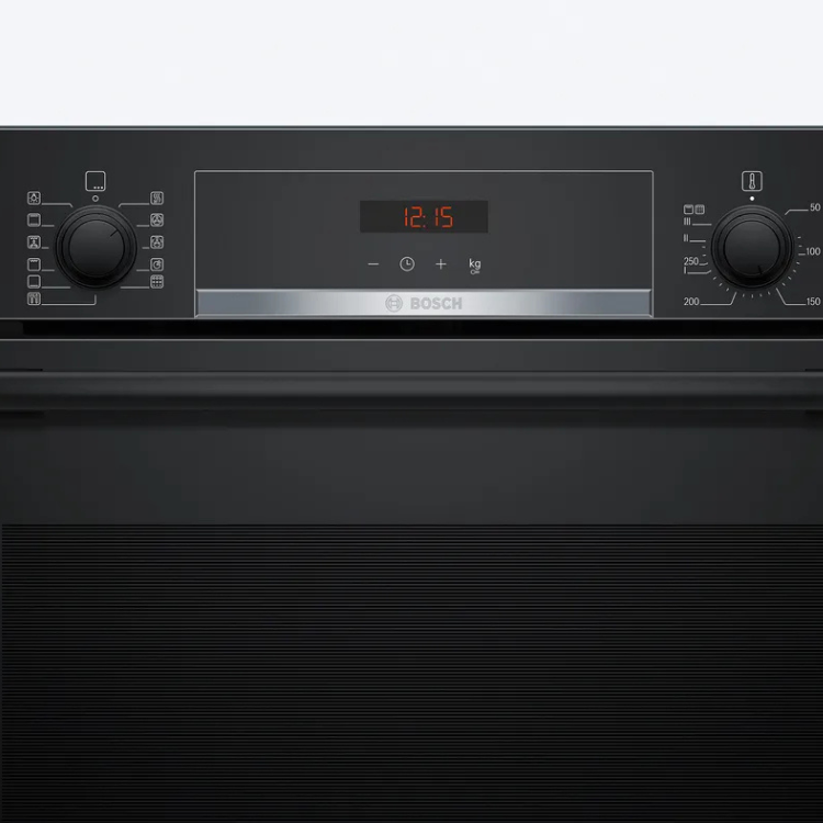Forno Hidrolítico/Pirolítico de Encastre Bosch Serie 4 HBA574BB3 preto com painel digital e dois comandos rotativos.