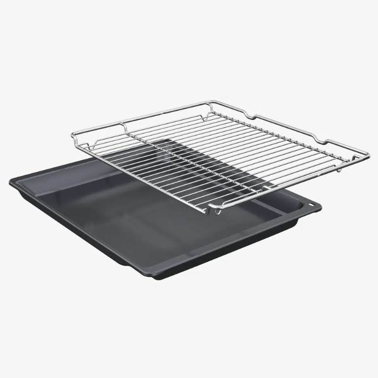 Tabuleiro de forno preto e grelha de metal para assar alimentos.