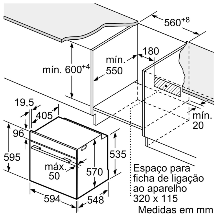 Diagrama técnico do forno de encastre Bosch Serie 4, com medidas em milímetros, mostrando dimensões de instalação e requisitos de espaço.