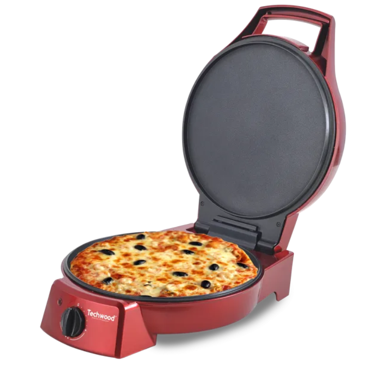 Red Techwood pizza maker with open lid, showing cooked pizza inside.