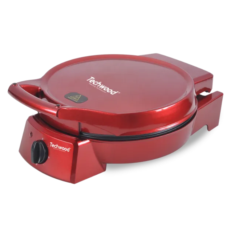 Red Techwood electric pizza maker, shiny, round, 30cm, with black dial and white logo.