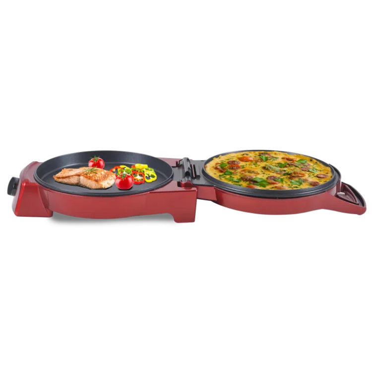 Red Techwood dual circular electric pizza oven, 30cm, with cooked pizza and food on plates.