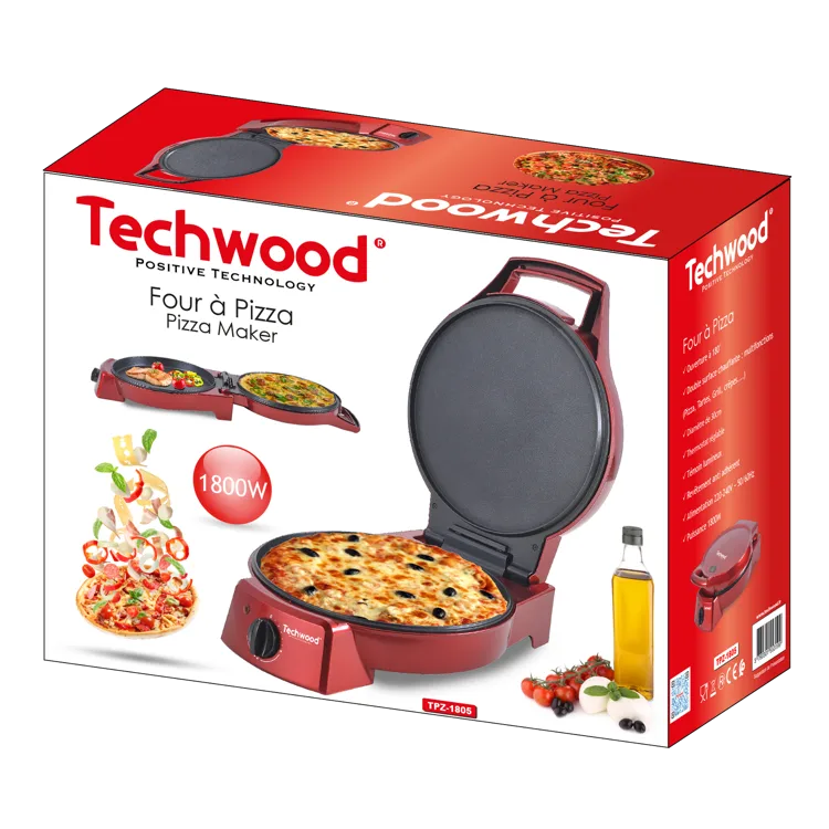 Red Techwood pizza maker box with product images and 1800W text.