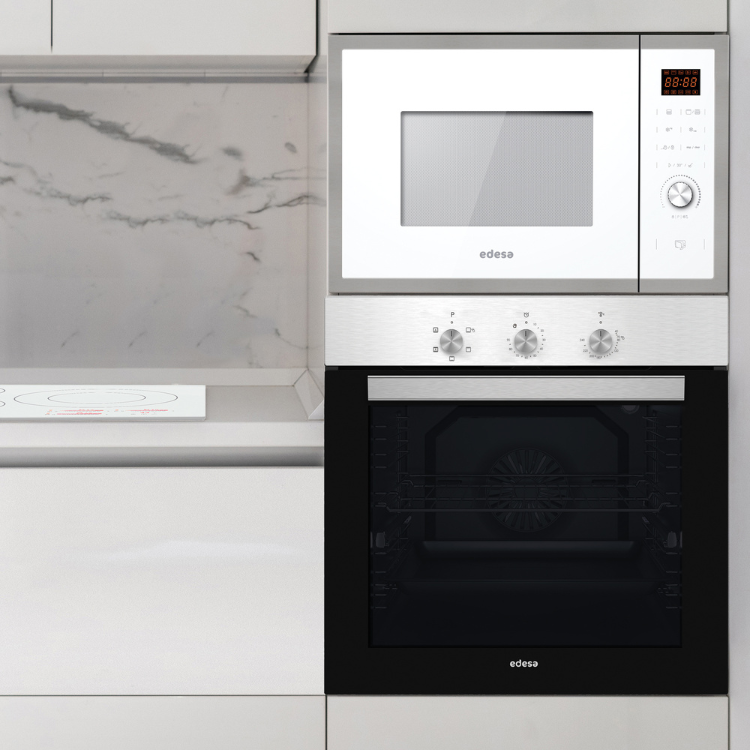 Forno Edesa EOE-6060 X 68L Inox Classe A, forno multifunções digital com painel de controlo e porta de vidro preto.