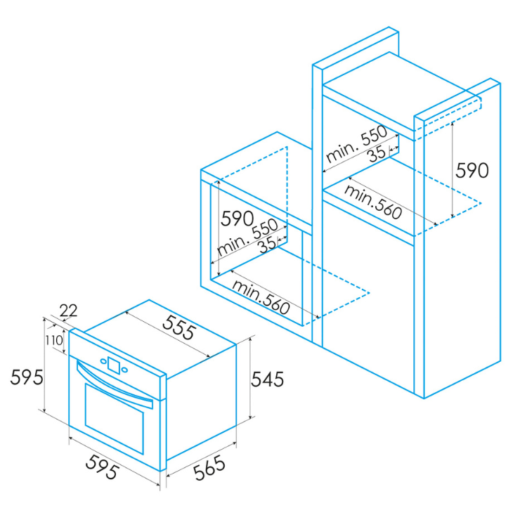 Forno Edesa EOE-6060 X 68L Inox, dimensões de instalação e medidas.