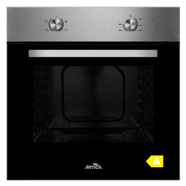 Forno de encastre Artica AHB7003X, 70L, preto, com painel de controlo cromado e janela de visualização.