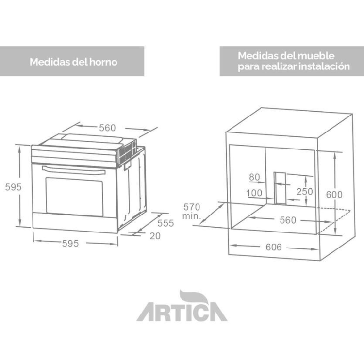 Forno de encastre Artica AHB7003X, dimensões do produto e do móvel para instalação.