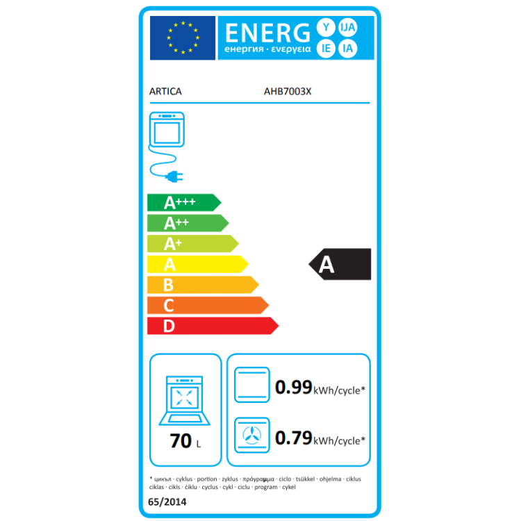 Etiqueta energética do forno Artica AHB7003X, eficiência A, 70L.