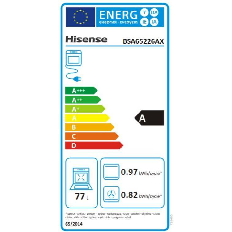 Etiqueta energética do forno Hisense BSA65226AX, eficiência A, 77L, consumo 0.97 e 0.82 kWh/ciclo.