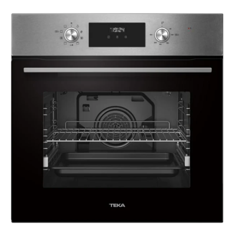 Forno encastrar Teka HCB6370, inox, 70L, display digital, 2 comandos rotativos e porta aberta mostrando o interior.