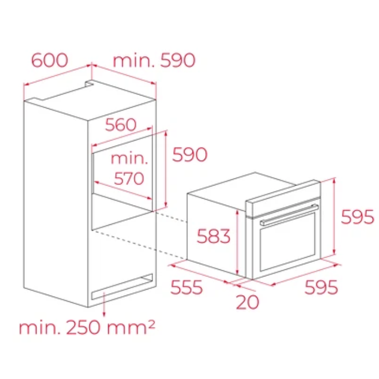 Forno Hidrolítico Teka HCB6370, dimensões de instalação, medidas em milímetros.