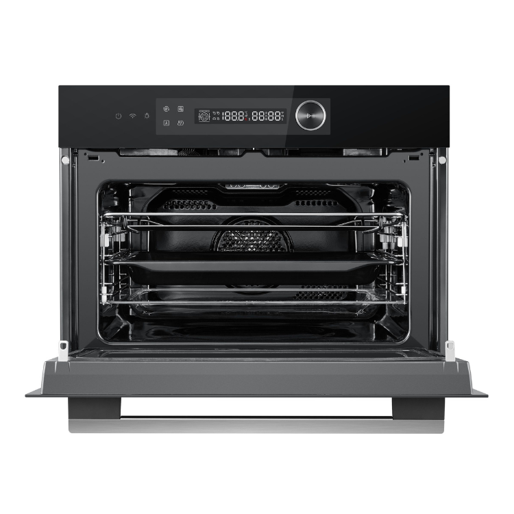 Forno multifunções Midea preto 50L com micro-ondas, visor digital e painel de controlo.