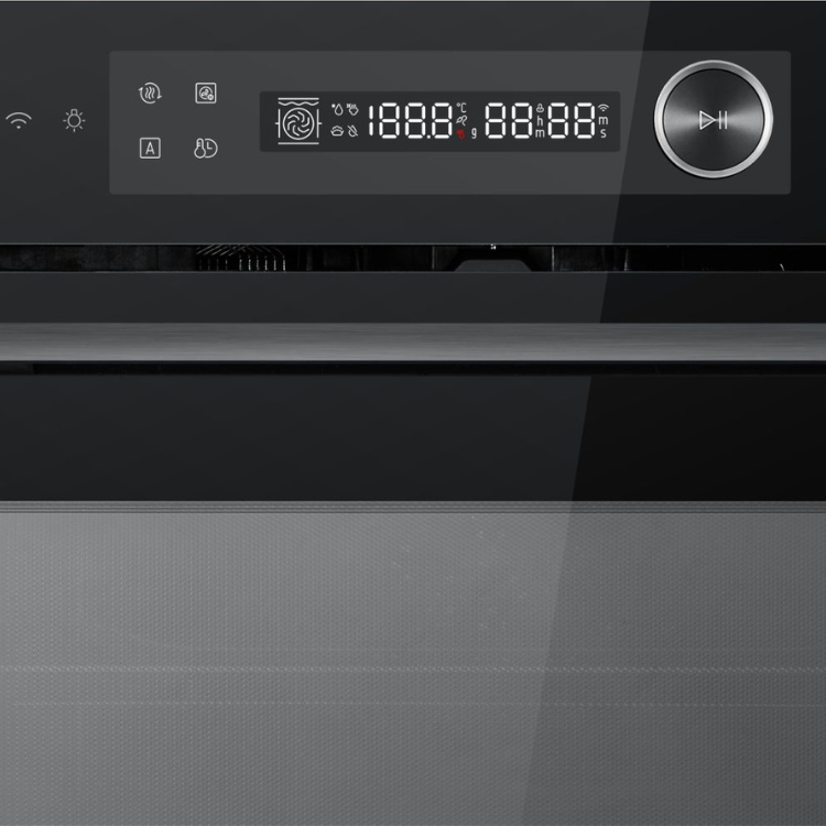 Forno multifunções Midea preto com painel digital e função micro-ondas.